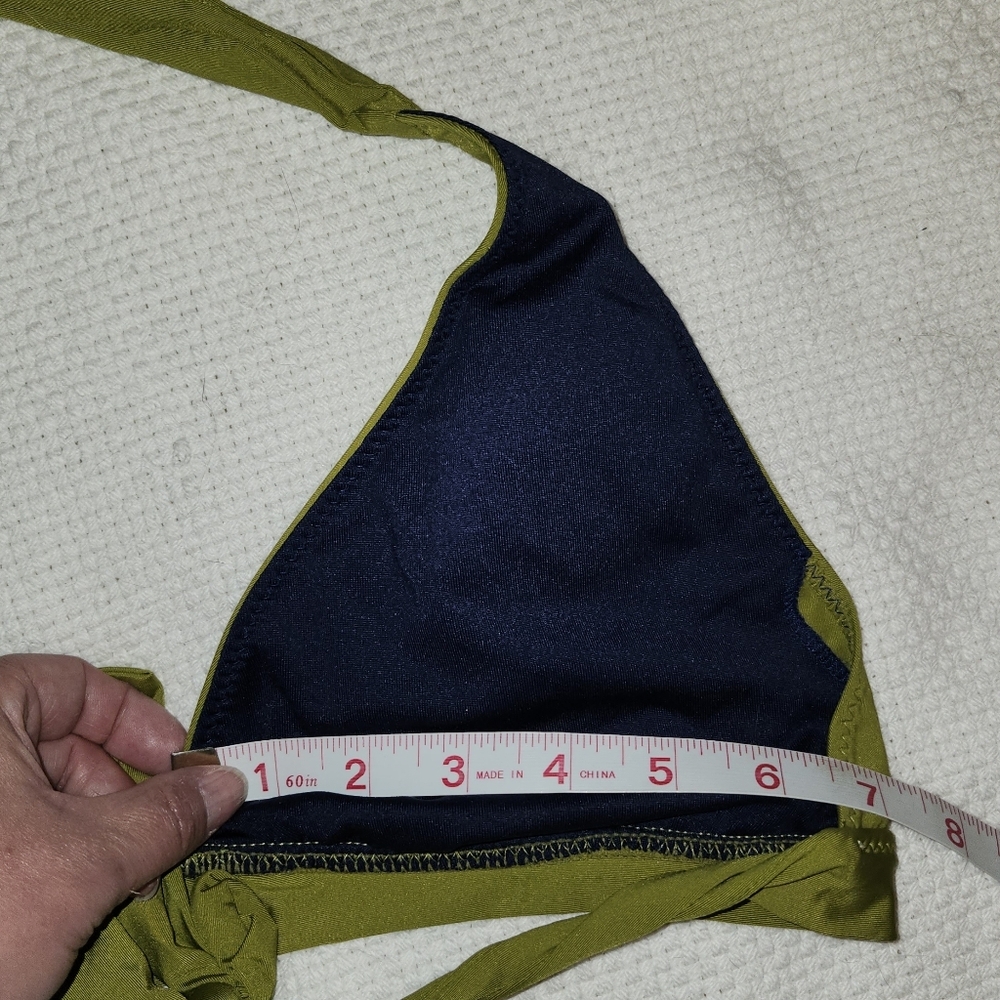 BECCA Two-Tone Embroidered Bikini Top in Olive and Navy Size L - Picture 3 of 5